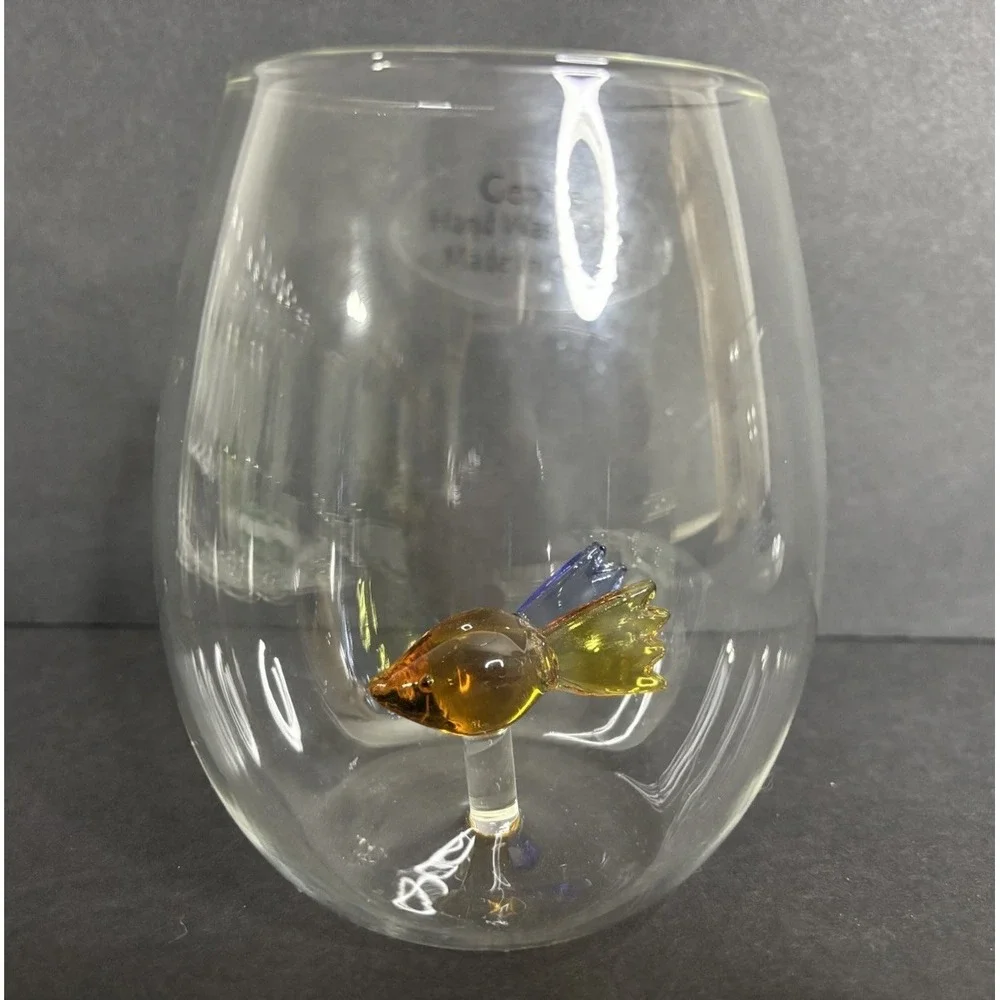 2 Stemless Wine Glasses Handblown Cobalt Blue Octopus and Orange Fish Inside